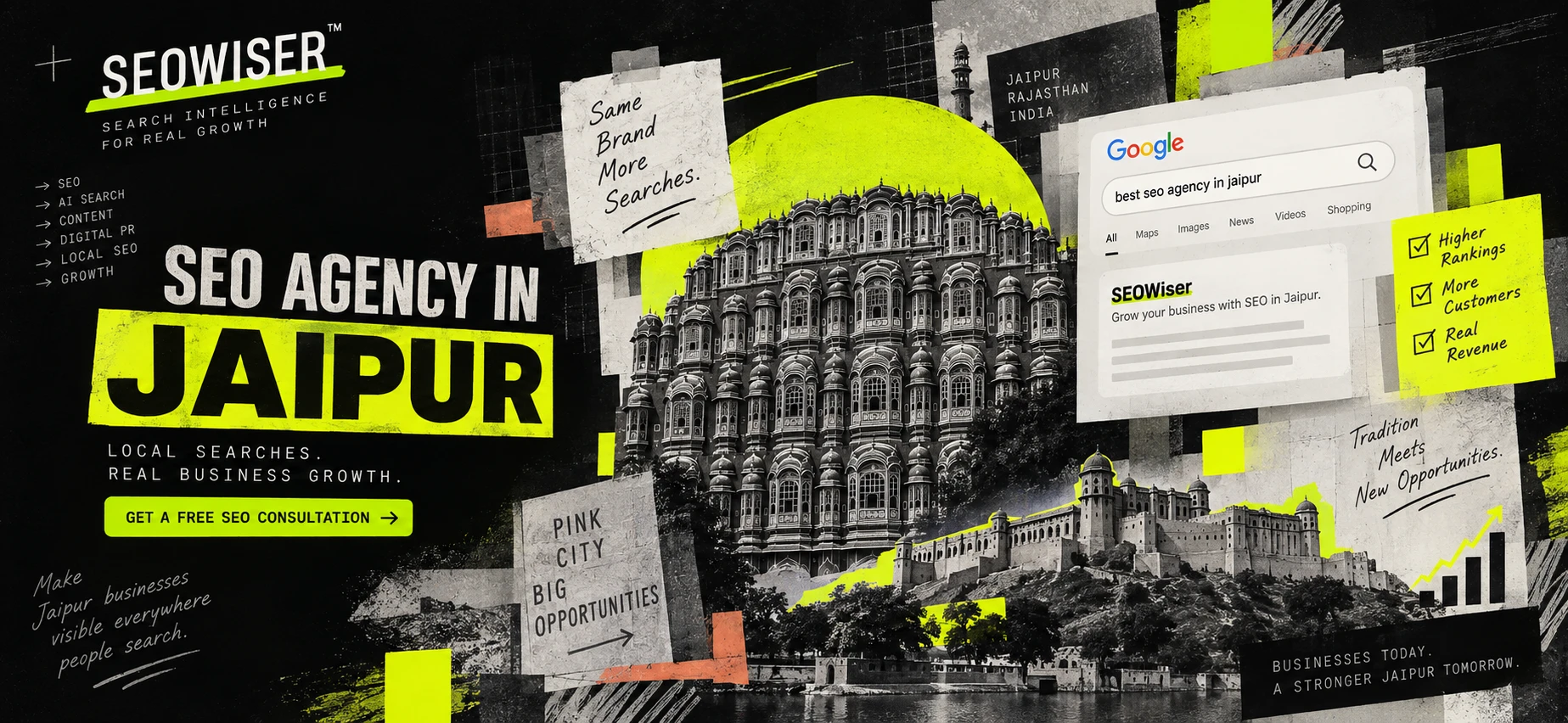 Illustrated collage referencing Jaipur's landmarks alongside a stylized search-visibility motif for SEOWiser